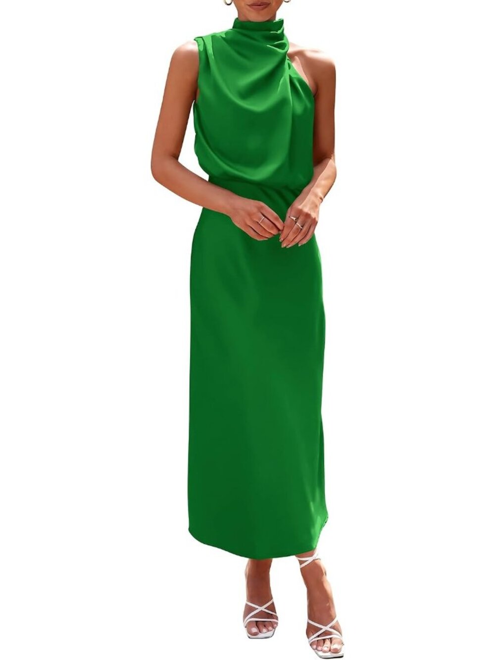 Women's Bright Green Summer Cocktail Satin Maxi Sleeveless Mock Neck Dresses